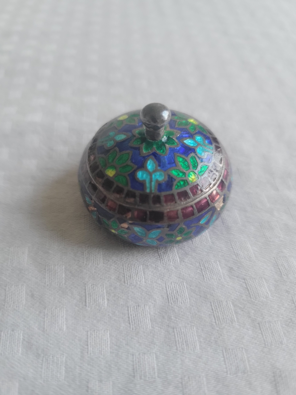 Round Cloisonné Enamel Trinket Box in Blue & Green